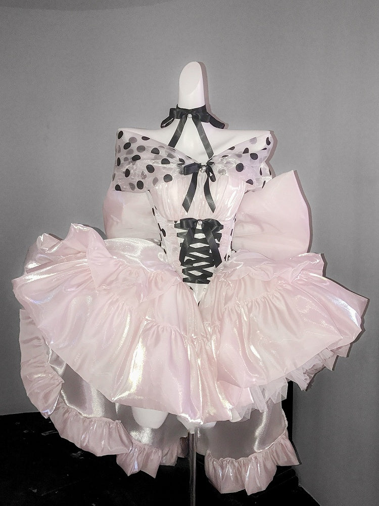 Pink Satin Sweet Lolita Dress with Polka Dot Off-the-Shoulder Detail and Large Bow