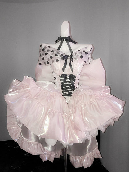 Pink Satin Sweet Lolita Dress with Polka Dot Off-the-Shoulder Detail and Large Bow