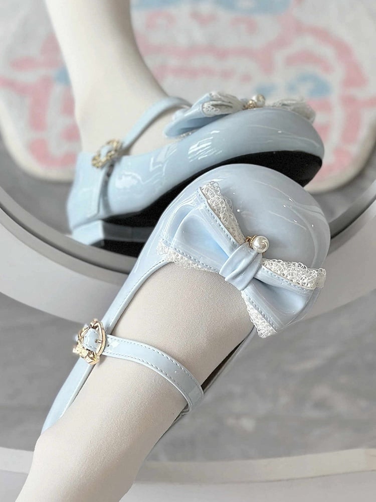 Blue Lace Trim and Bead Charm Decorated Bowknot Sweet Lolita Mary Janes