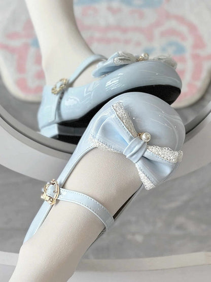 Blue Lace Trim and Bead Charm Decorated Bowknot Sweet Lolita Mary Janes