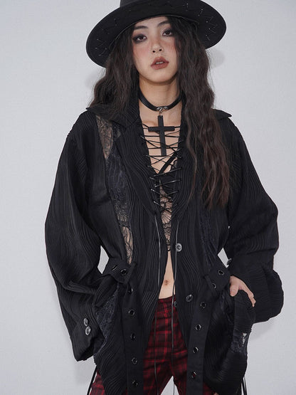 Lace-up Detail Black Punk Shirt with Waist Belt