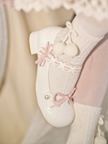 White Beaded Decorated Knotted Bow at Top Round Toe Lolita Shoes