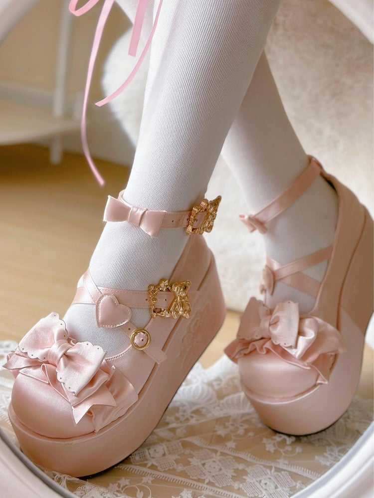 Pink Bear Buckle Straps Bowknot Platform Shoes with Bear Embroidery