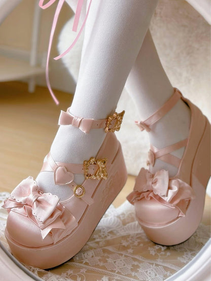 Pink Bear Buckle Straps Bowknot Platform Shoes with Bear Embroidery