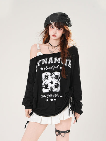 Asymmetrical Neckline Number and Letter Print Drawstring Side White/Black Top