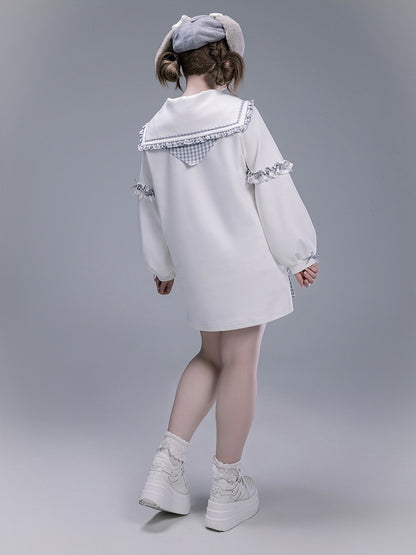 Jirai Kei Sailor Collar Sweatshirt with Dusty Blue Plaid Ruffles with Free Tie