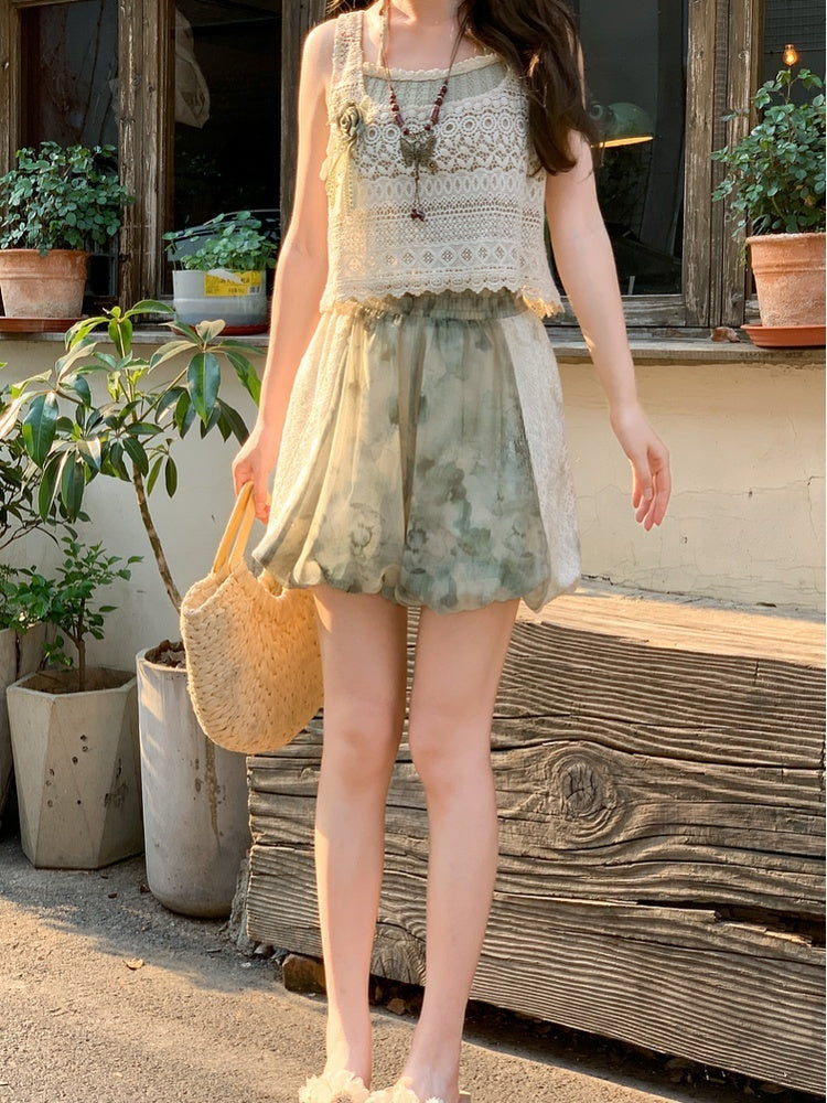 Mori Kei Green Elastic Waist Tie Dye Lace Patches Side Shorts