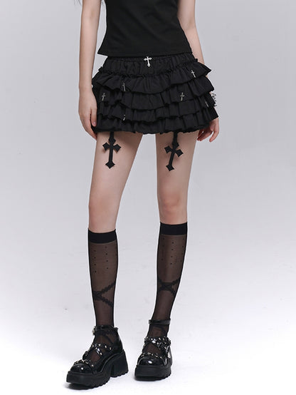 Gothic Black Cross Charms Mini Tiered Skirt Bloomers Lining