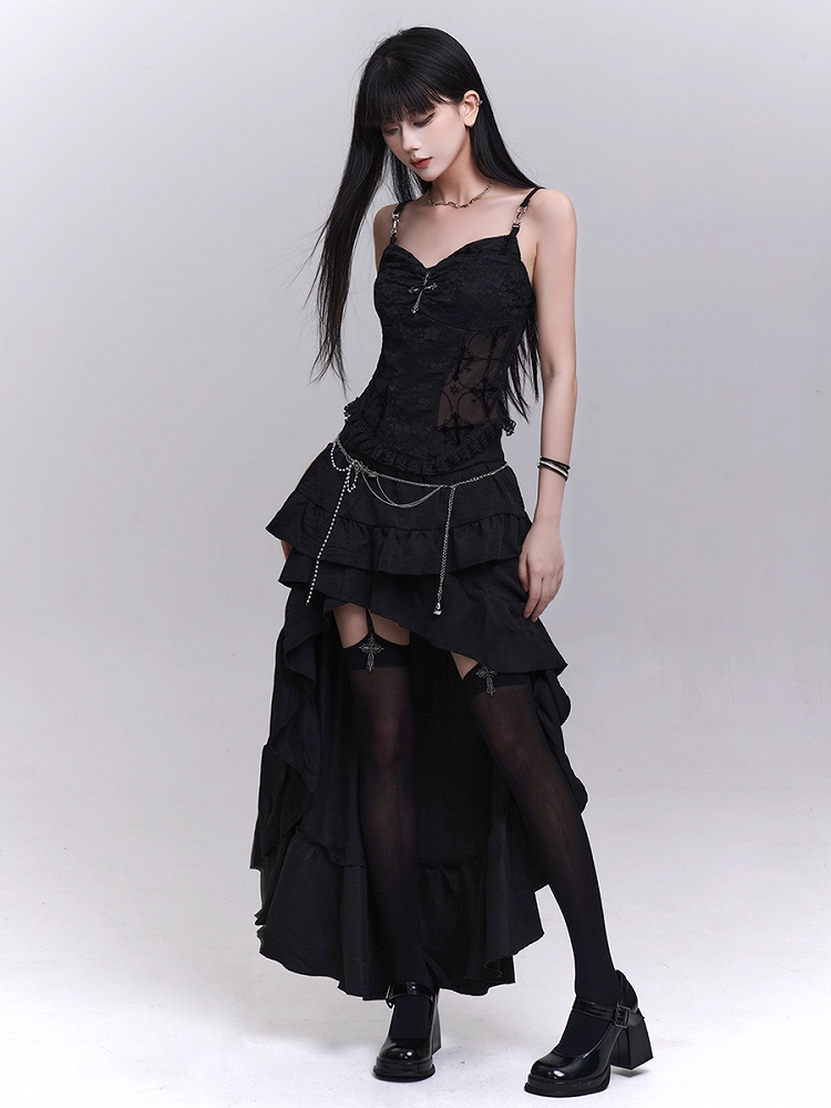 Black Lace Patches Waist Cross Decorated Cami Top with Beaded Chains