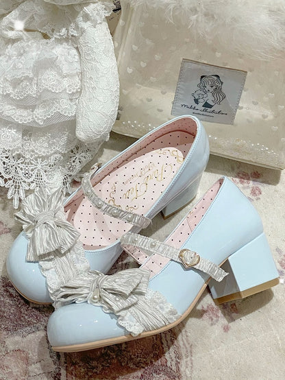 Blue&White Beaded Decorated Bow at Top 2.5CM/5CM Block Heels Round Toe Shoes