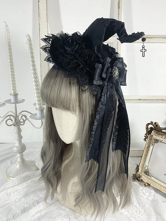 Cross Charm Gothic Black Floral Design Halloween Rhinestoned Bowknot Witch Hat