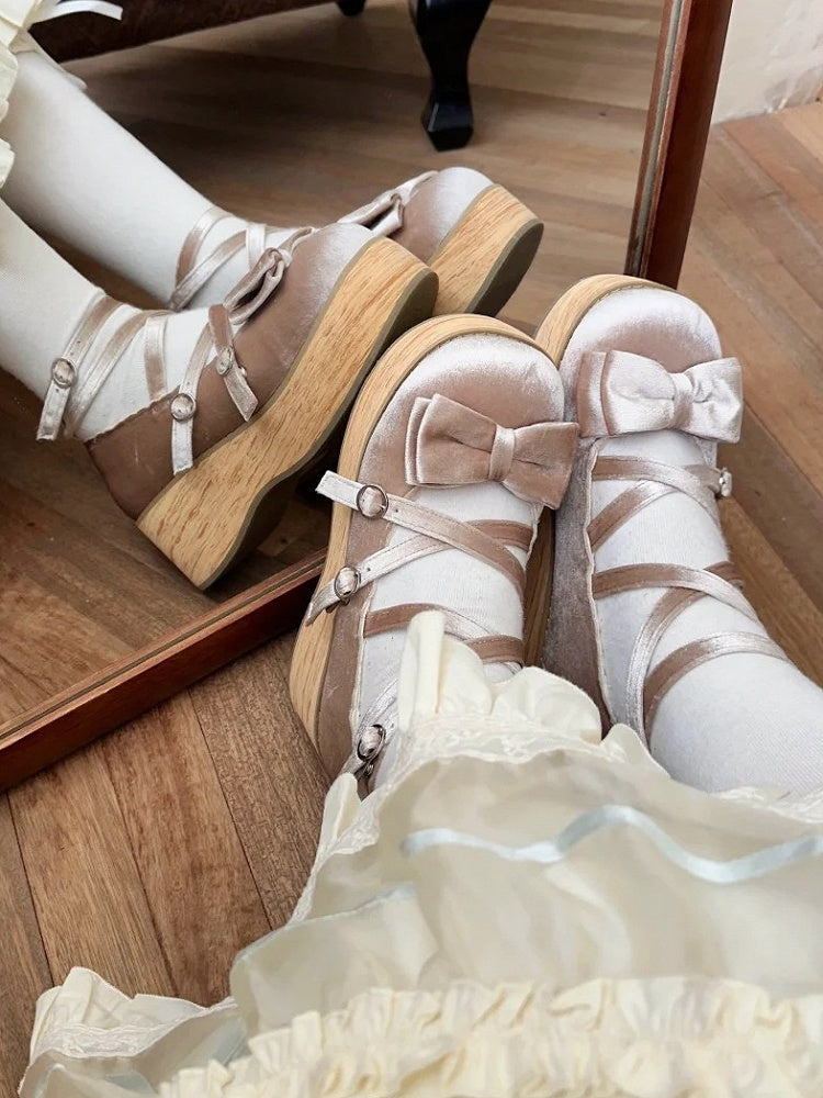 Sweet Beige Mary Janes for Lolita - Platform Heel with Bow Decor & Crossed Straps