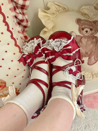 Red Sweet Lolita Bowknot Details Crisscross Design Heart Buckle Straps 2CM/5CM Block Heels Shoes