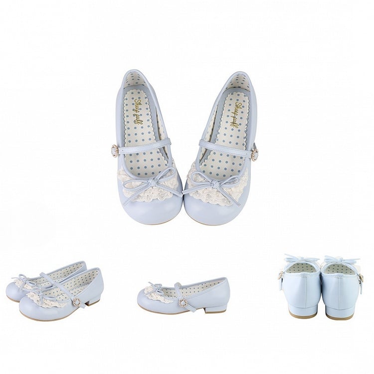 Blue Knotted Bow Accent Lace Trim 2.2CM/4.3CM Heels Round Toe Mary Janes