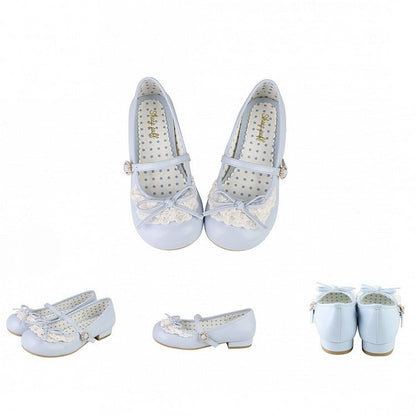 Blue Knotted Bow Accent Lace Trim 2.2CM/4.3CM Heels Round Toe Mary Janes