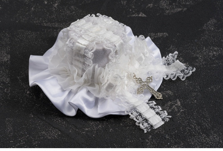 White Gothic Cross Lace Bow Ruffle Hem Hat Hairclip