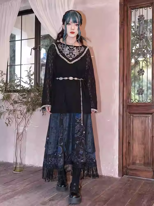 Seahorse and Coral Embroidery Tassel Hem Black Cheongsam Style Hollow-out Lace Top