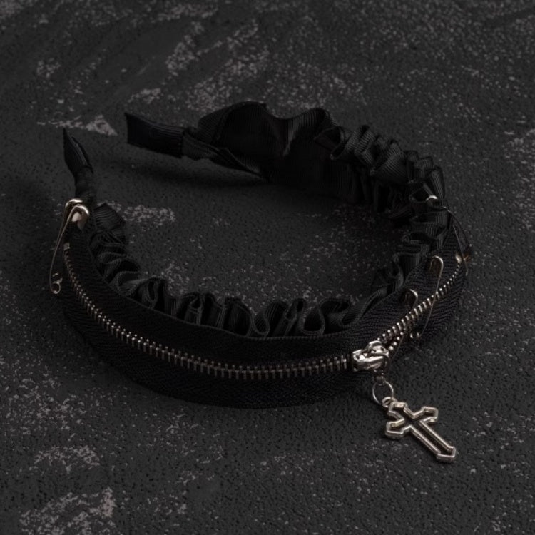 Gothic Cross Zip Decorated Black Ruffled KC