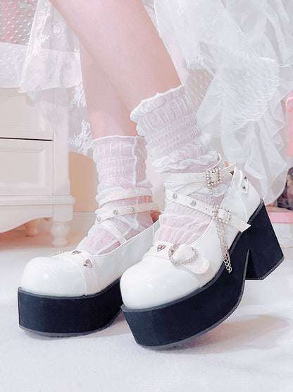 Rhinestoned Heart Design White Jirai Kei Buckle Ankle Strap Platforms with Cross Chain
