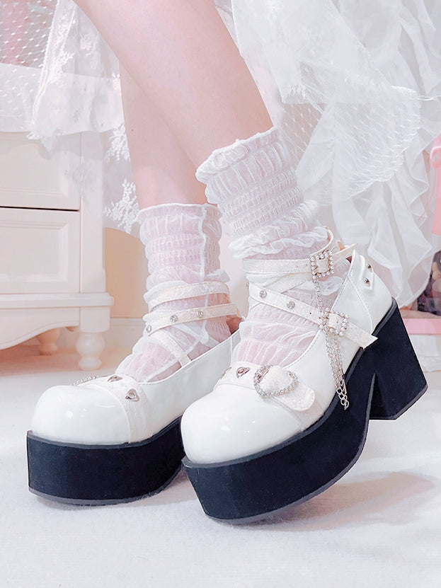 Rhinestoned Heart Design White Jirai Kei Buckle Ankle Strap Platforms with Cross Chain