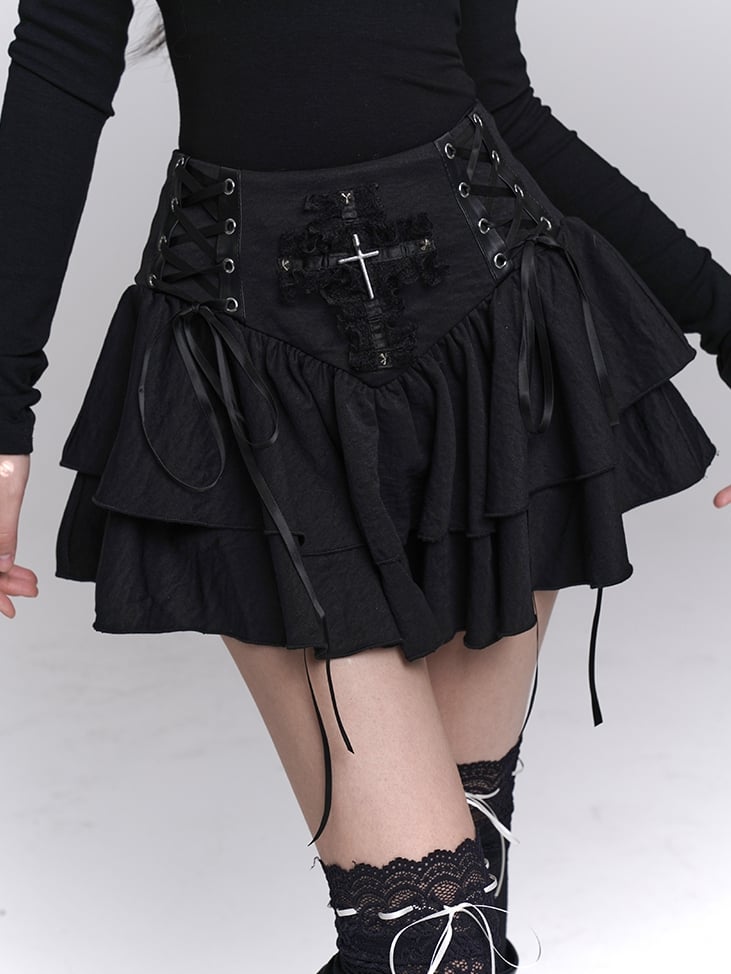 Black Lace-up Waist Studded Lace Cross Tiered Skirt