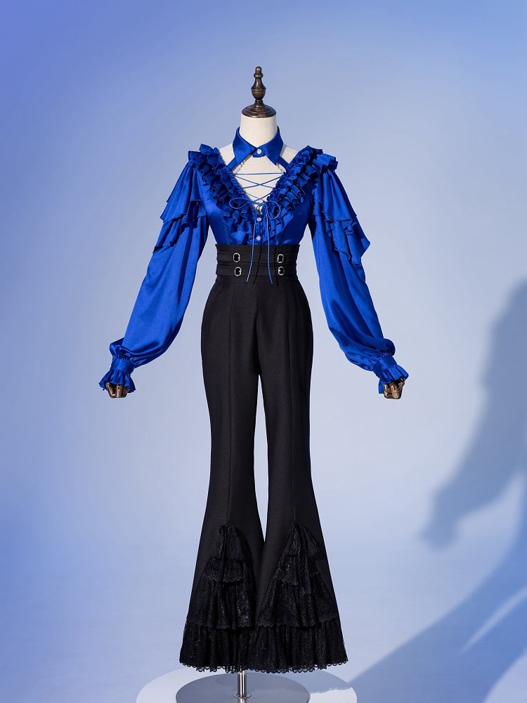 Black Corset Belt High Waist Lace Patched Flared Pants