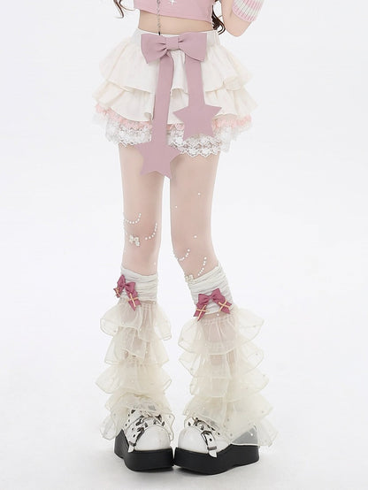 Pink Big Bow Apricot Allover Bowknot Print Lace Trim Lined Tiered Skirt