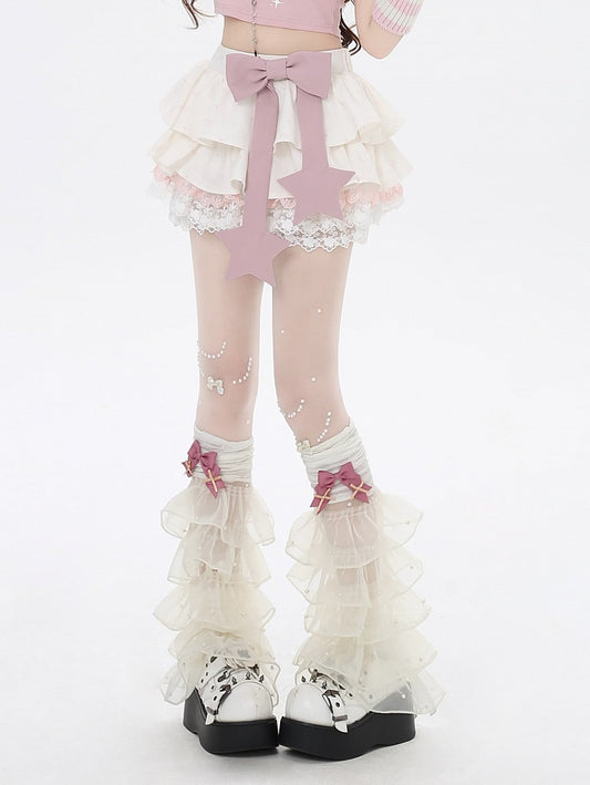 Pink Big Bow Apricot Allover Bowknot Print Lace Trim Lined Tiered Skirt