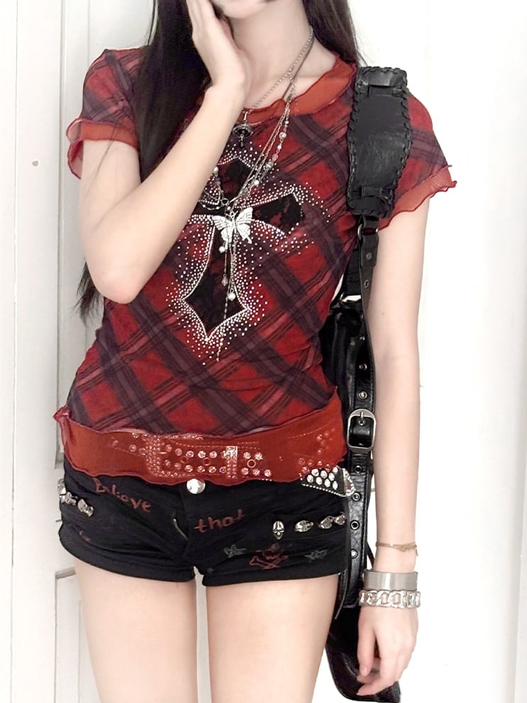 Y2K Red Plaid Pattern Rhinestone Embellished Cross Punk Glamorous Mesh T-Shirt