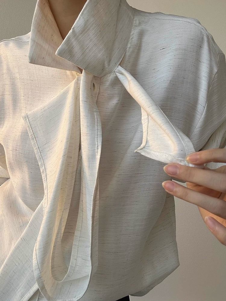 Ouji Lolita Light Apricot Retro Loose Fit Shirt with Long Draping Ribbon