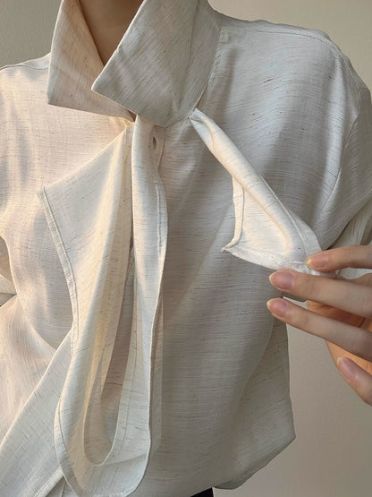 Ouji Lolita Light Apricot Retro Loose Fit Shirt with Long Draping Ribbon