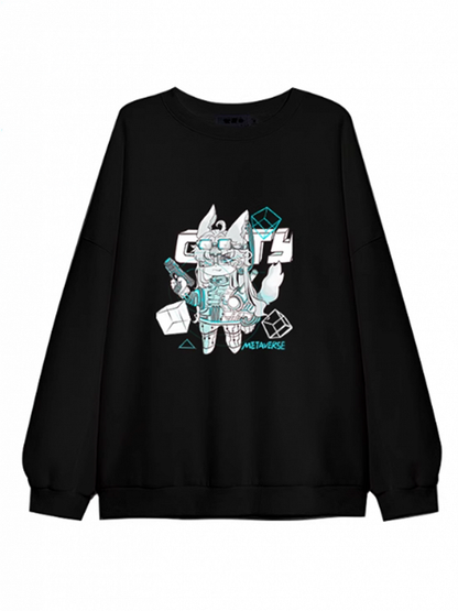 Black/White/Blue Round Neck Cyberpunk Sweatshirt