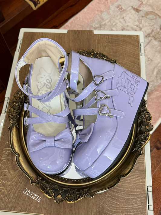 Purple Bow at Top Crisscross Sweetheart Buckle Straps Sweet Lolita Platforms