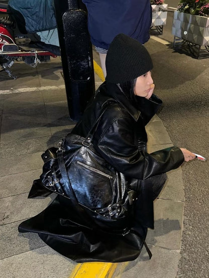 Black Studded Tote Bag With Buckle Strap Accents&Large Capacity