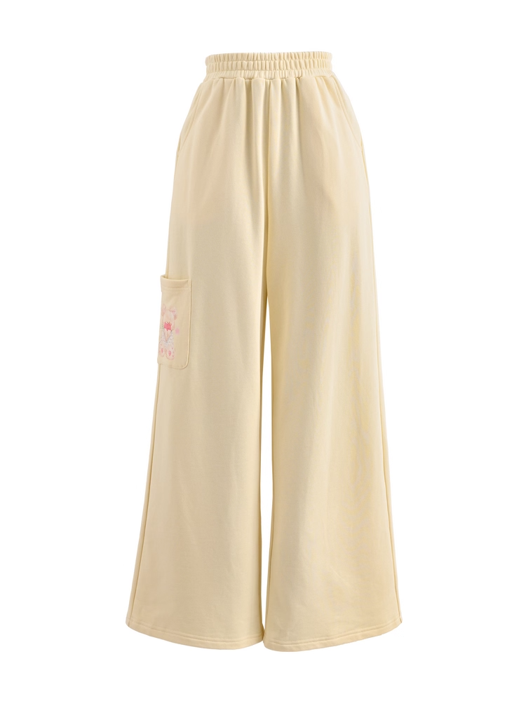 Creamy Yellow Elastic Waist Teddy Bear Print Wide-Leg Casual Pants Regular/Short Version
