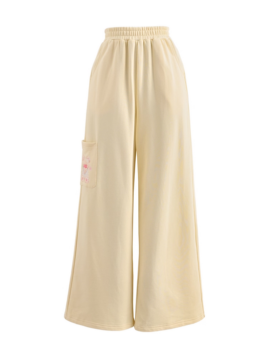 Creamy Yellow Elastic Waist Teddy Bear Print Wide-Leg Casual Pants Regular/Short Version