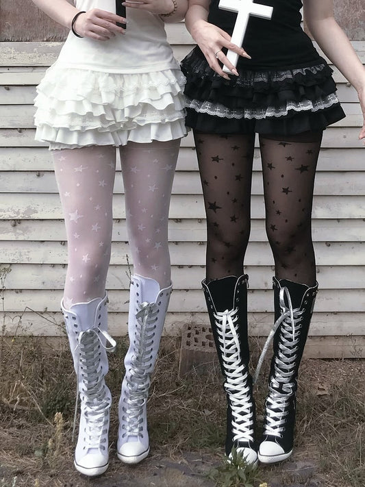 Gothic Black/White Elastic Waist Tiered Cross Lace Trim Bloomers Skort