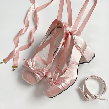 Pink Elegant Bow at Top Mary Janes With Dual Detachable Buckle Ankle Straps