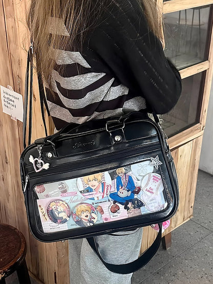 Black JK Uniform Style PU Leather Transparent-window Ita Bag