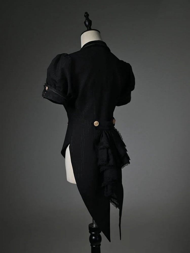 Black Blazer Collar Short Puff Sleeves Split-Tail Top