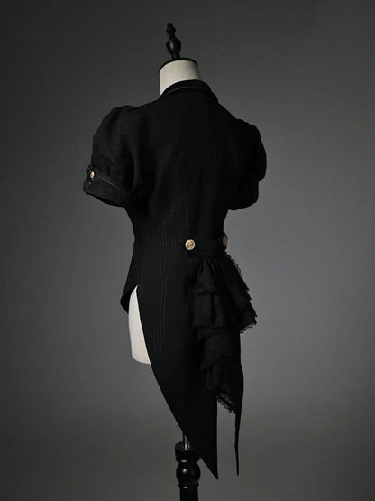 Black Blazer Collar Short Puff Sleeves Split-Tail Top