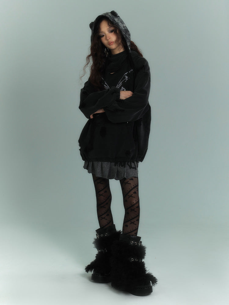 Butterfly Embroidery Black Distressed Holes Punk Hoodie