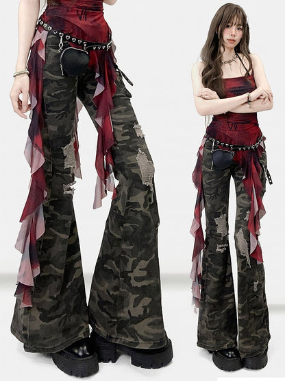 Army Green Camo Pattern Distressed Holes Details Flare Silhouette Jeans