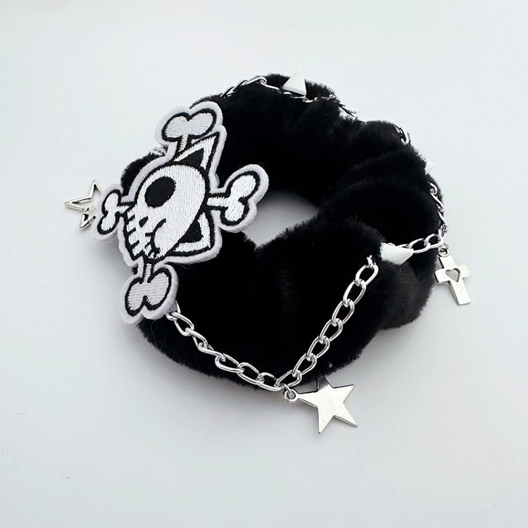 Black/White Skeleton Applique Gothic Plush Scrunchie