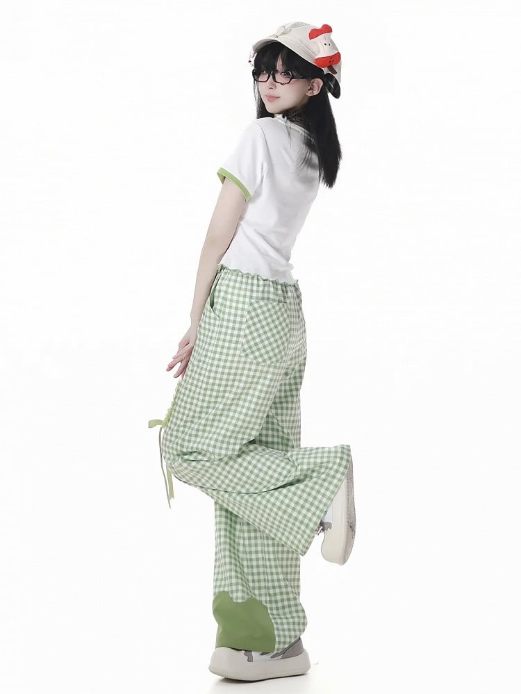 Green Plaid Pattern Apple Embroidery Drawstring Cuffs Casual Pants with Self-tie Belt