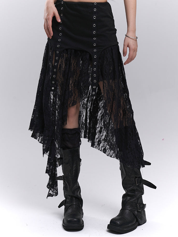 Black Elastic Waist Asymmetrical Hem Side Slit Lace Skirt