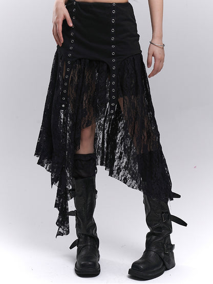 Black Elastic Waist Asymmetrical Hem Side Slit Lace Skirt