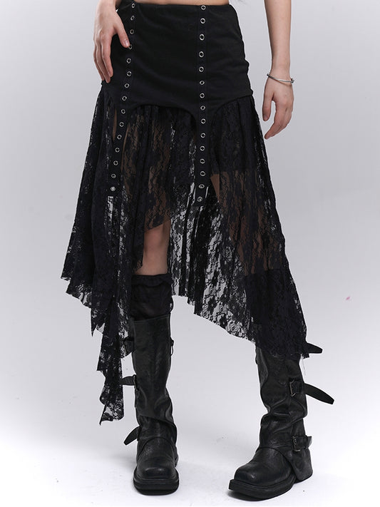 Black Elastic Waist Asymmetrical Hem Side Slit Lace Skirt
