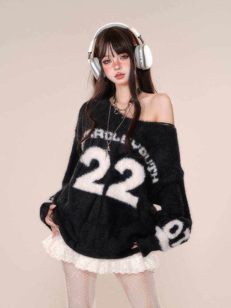 Clearance-Size M for Bust 61CM Black Asymmetrical Neckline Number Pattern Blokette Core Mohair Sweater