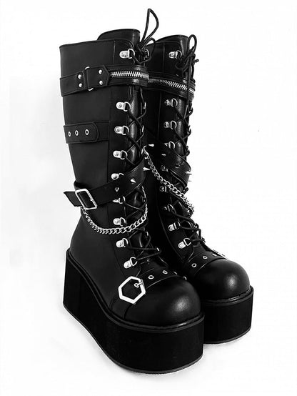 Studs Chains Metal Punk Matte Black Platform Boots